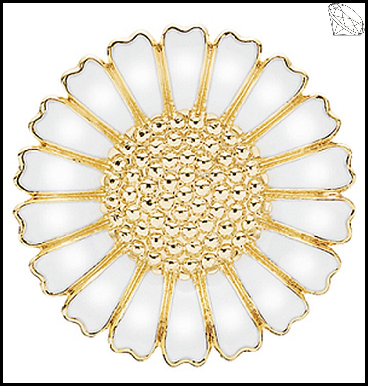 Marguerit Broche 25mm 24kt forgyldt slv med hvid emalje