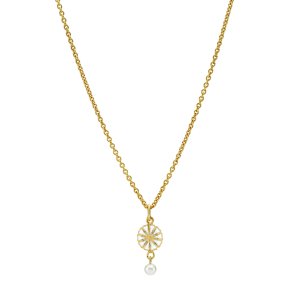Marguerit collier 9 mm med ferskvandsperle 4-4,5 mm 24kt forgyldt slv med hvid emalje kde 45-48 cm