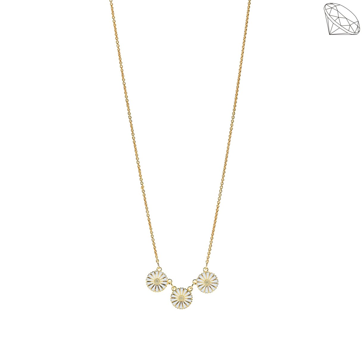 MARGUERIT COLLIE MED 3X11 MM VANDRET HNGENDE BLOMSTER I 24 KT FORGYLDT 42-45 CM HVID EMALJE 925