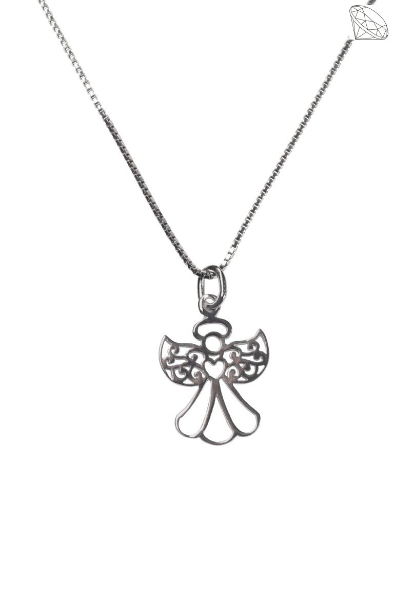 Vedhæng sølv rhodineret - Engel - i gennembrudt design med kæde